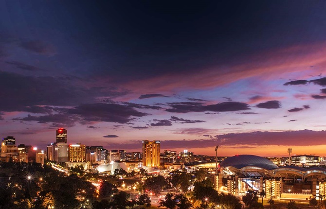 The skyline of Adelaide city at night